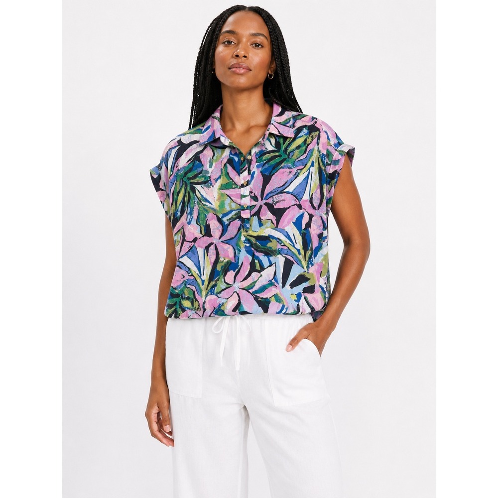 Zac & Rachel Women Pink Blue Tropical Floral Linen Blend Button Up Blouse Sz S